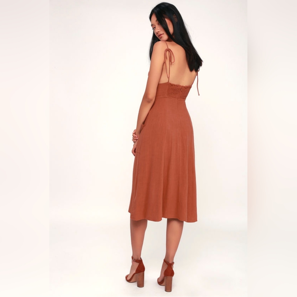 Lulus Lisbeth Rust Orange Button Front Linen Midi… - image 3